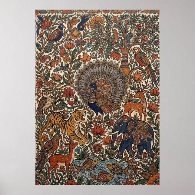 Indian Kalamkari Folk Art Peacock Tiger Elephant C Poster (Front)