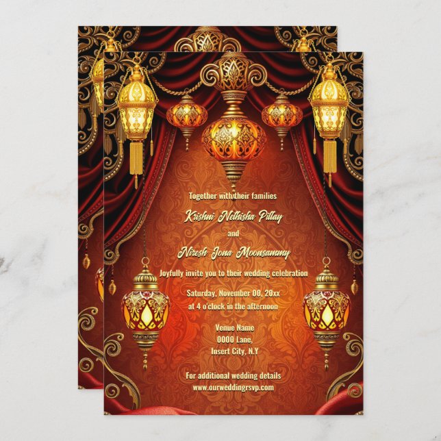 Indian lanterns luxurious orange gold decorative  invitation (Front/Back)