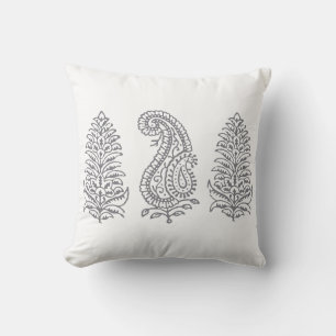Indian Motif Handblock Print Grey on White Throw Pillow