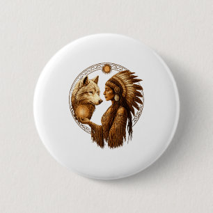 Indian Native American Woman With White Wolf Vinta 2 Inch Round Button