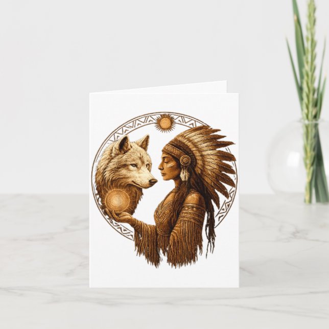 Indian Native American Woman With White Wolf Vinta Card (Front)