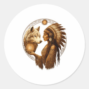 Indian Native American Woman With White Wolf Vinta Classic Round Sticker