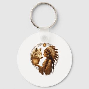 Indian Native American Woman With White Wolf Vinta Keychain