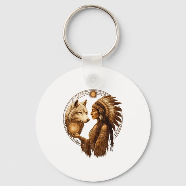 Indian Native American Woman With White Wolf Vinta Keychain (Front)