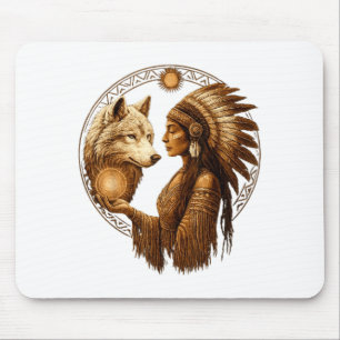 Indian Native American Woman With White Wolf Vinta Mouse Pad