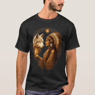 Indian Native American Woman With White Wolf Vinta T-Shirt