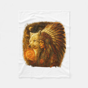 Indian Native American Woman With White Wolf Vitag Fleece Blanket