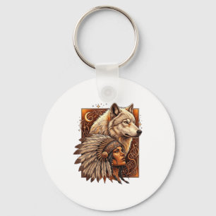 Indian Native American Woman With White Wolf Vitag Keychain