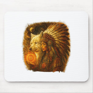 Indian Native American Woman With White Wolf Vitag Mouse Pad