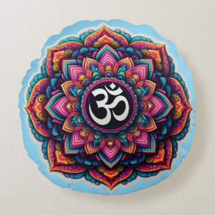 Indian Om Symbol in a colourful mandala design Round Pillow