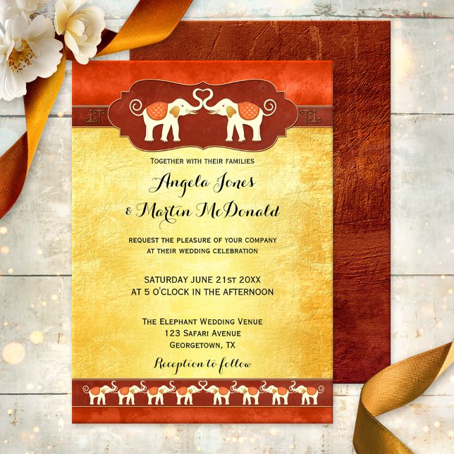 Indian or African White Elephants Wedding Invite (Wedding invitation featuring two ivory elephants in love, cheered on by their tribes)