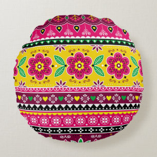 Indian or Pakistani truck art inspired seamless fo Round Pillow