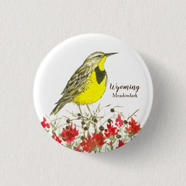 Indian Paintbrush Meadowlark State Bird of Wyoming 1 Inch Round Button (Front)