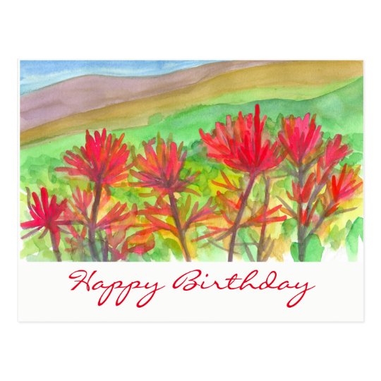 Indian Paintbrush Watercolor Happy Birthday Postcard