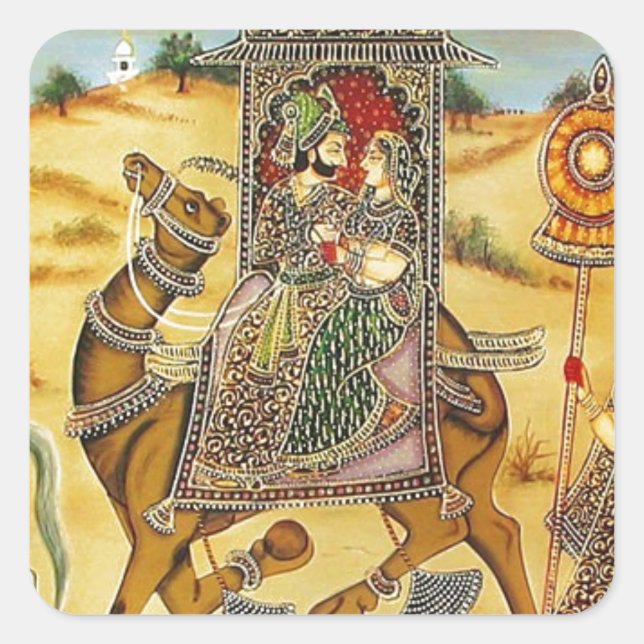 INDIAN - PAINTING MARRIAGE PROCESSION WITH CAMELS SQUARE STICKER (Front)