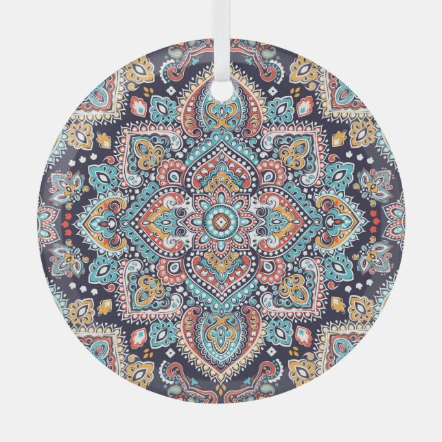 Indian Paisley: Ethnic Mandala Pattern Glass Ornament (Front)