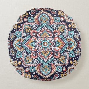Indian Paisley: Ethnic Mandala Pattern Round Pillow