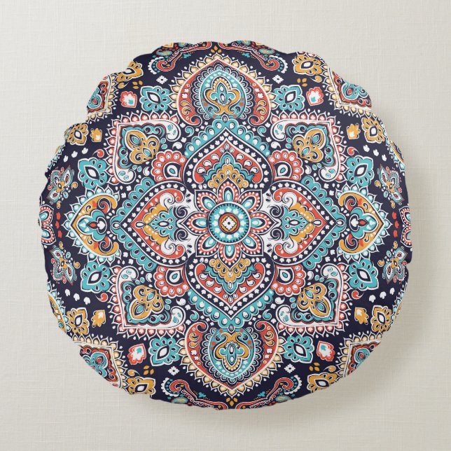 Indian Paisley: Ethnic Mandala Pattern Round Pillow (Front)