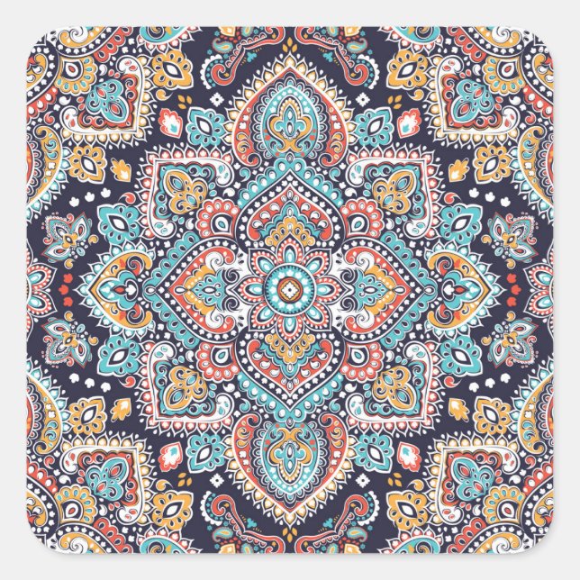 Indian Paisley: Ethnic Mandala Pattern Square Sticker (Front)