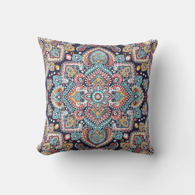Indian Paisley: Ethnic Mandala Pattern Throw Pillow (Front)