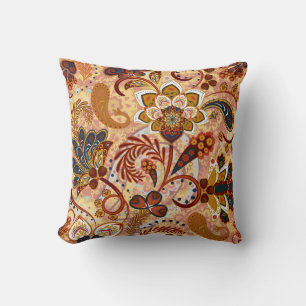 Indian Paisley: Floral Vintage Brown Throw Pillow