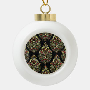 Indian paisley, geometric black background ceramic ball christmas ornament