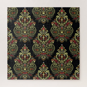 Indian paisley, geometric black background jigsaw puzzle