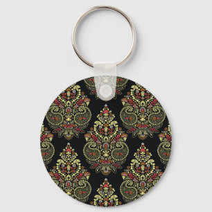 Indian paisley, geometric black background keychain