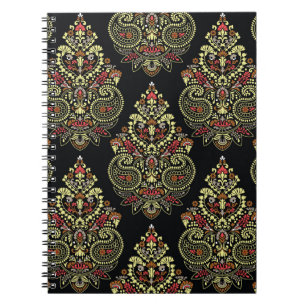 Indian paisley, geometric black background notebook