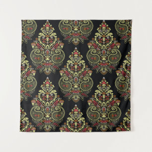 Indian paisley, geometric black background tapestry