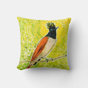Indian Paradise Flycatcher Tropical Bird Yellow Throw Pillow