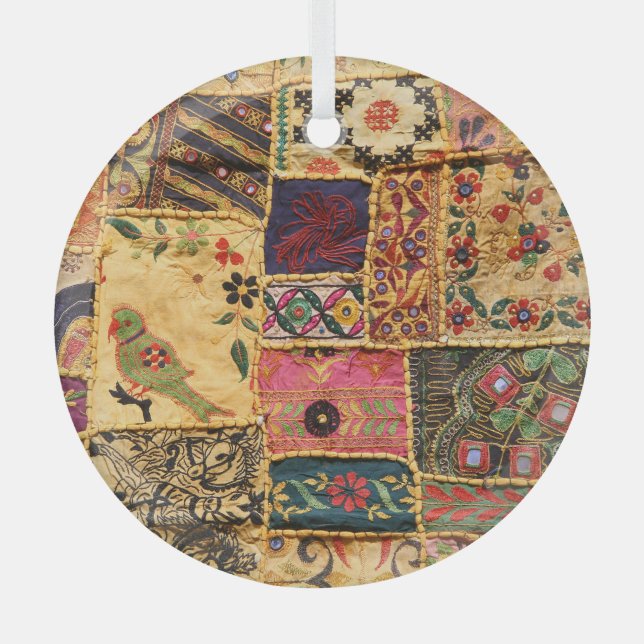 Indian Patchwork: Hampi Market Cloth. Glass Ornament (Front)