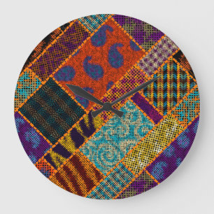 Indian patchwork imitation, vintage canvas. large clock