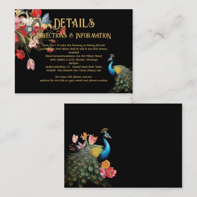 Indian Peacock Floral Mariage Détails carte d'info (Devant / Derrière)