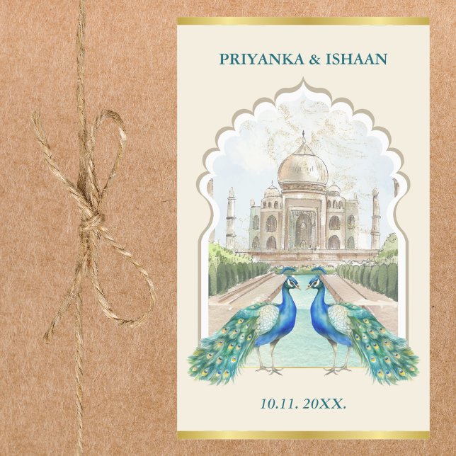 Indian Peacock Gold Taj Mahal Aesthetic Wedding Sticker (Taj Mahal Peacock Gold Indian Wedding Custom Sticker Hindu Punjabi Mughal Palace)