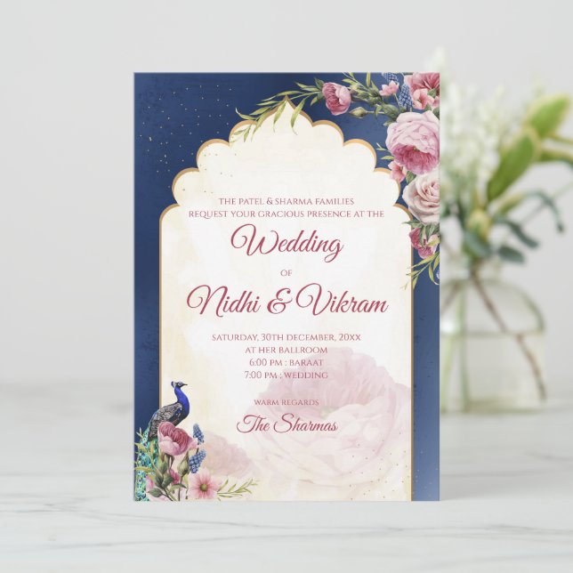Indian peacock invitations & Hindu wedding invites (Standing Front)