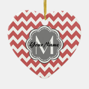 Indian Red Chevron Floral Grey Monogram Ceramic Ornament