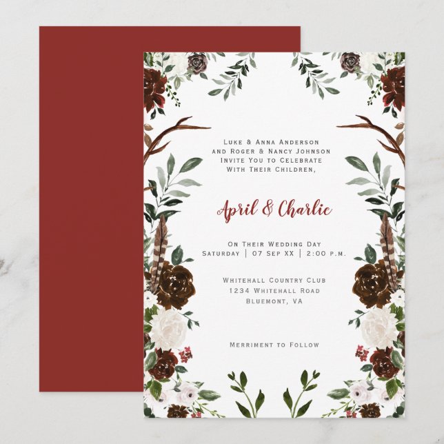 Indian Red Ivory Boho Antlers Floral Frame Invitation (Front/Back)