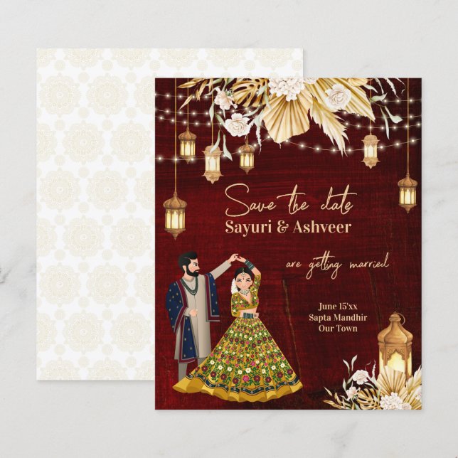 Indian Save the Date maroon gold dancing couple (Front/Back)