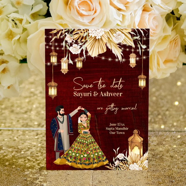 Indian Save the Date maroon gold dancing couple Invitation (Creator Uploaded)