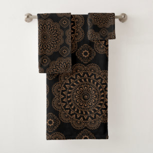 Indian Style Abstract Geometric Black and Brown  Bath Towel Set