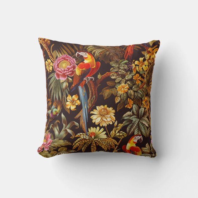 Indian Style Exotic Flower & Parrots Jungle Theme Throw Pillow (Front)