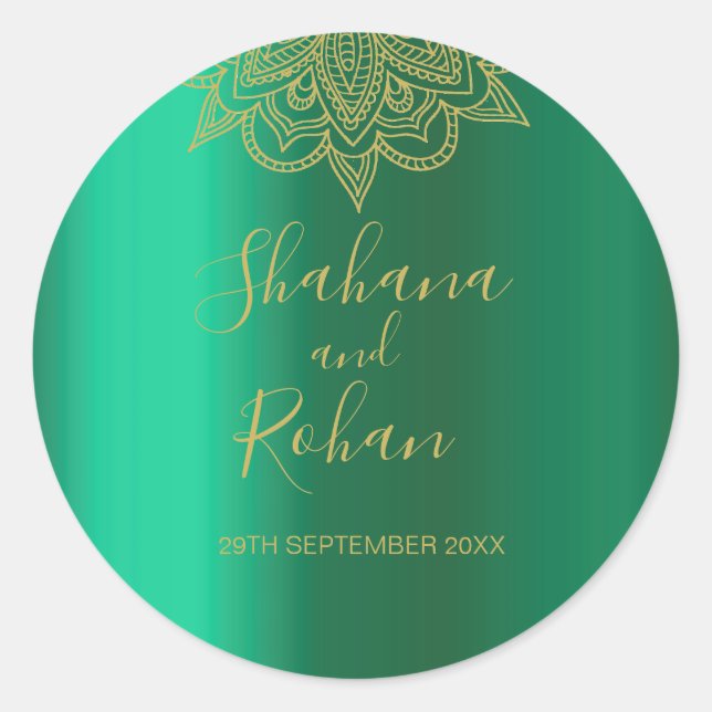 Indian Style Gree Gold Coloured Modern Chic Weddin Classic Round Sticker (Front)