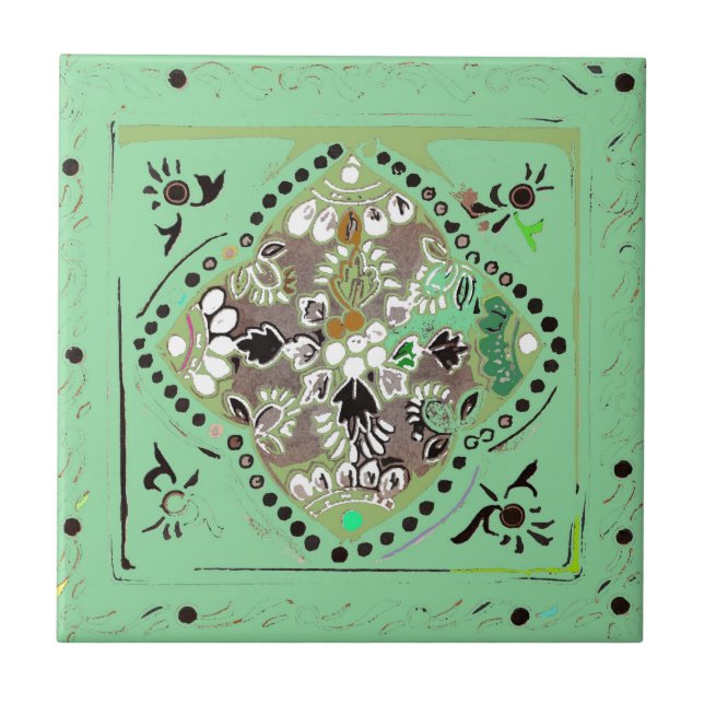Indian Style Green Floral Tile (Front)