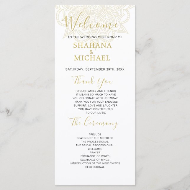 Indian Style Green Gold Coloured Wedding Program (Front)