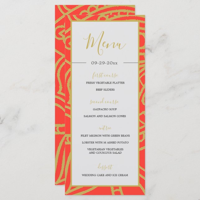 Indian Style Orange Gold Colour Chic Wedding   Menu (Front/Back)