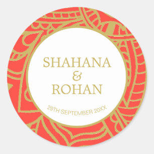 Indian Style Orange Gold  Modern Wedding   Classic Round Sticker