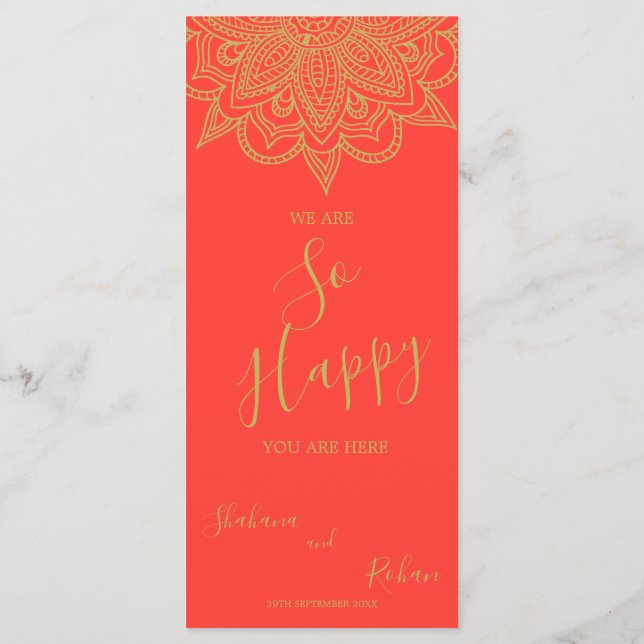 Indian Style Orange Pink Gold Colour Chic Wedding  Menu (Back)