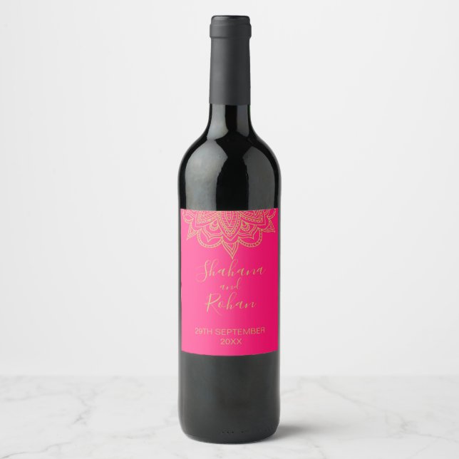 Indian Style Pink Gold Colour Modern Wedding  Wine Label (Front)