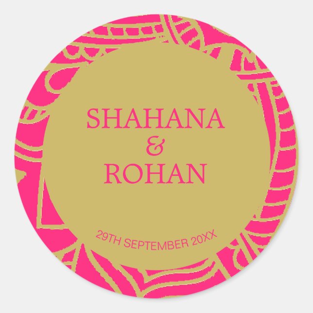 Indian Style Pink  Gold  Modern Wedding   Classic Round Sticker (Front)